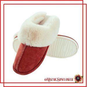 Red Sueded Slippers Faux Fur Plush Fleece Memory Foam Flex Rubber Sole NWT